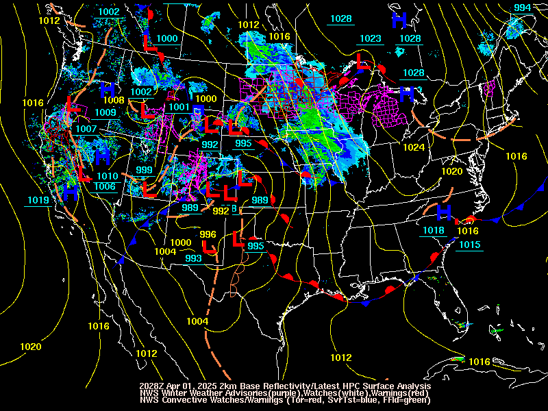 Latest WPC surface analysis, NWS Winter Weather Watches/Warnings/Advisories, and radar loop