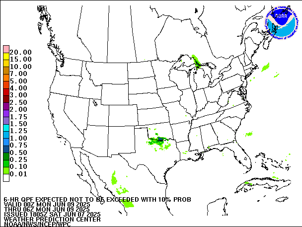 6-Hour 10th
                     Percentile QPF valid 06Z June 9, 2025