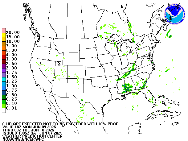 6-Hour 10th
                     Percentile QPF valid 00Z June 10, 2025