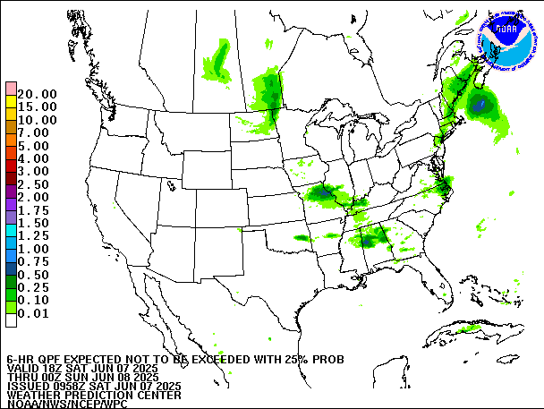 6-Hour 25th
                     Percentile QPF valid 00Z June 8, 2025