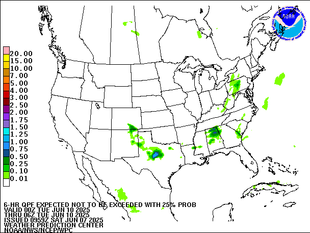 6-Hour 25th
                     Percentile QPF valid 06Z June 10, 2025