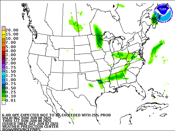 6-Hour 25th
                     Percentile QPF valid 12Z June 8, 2025