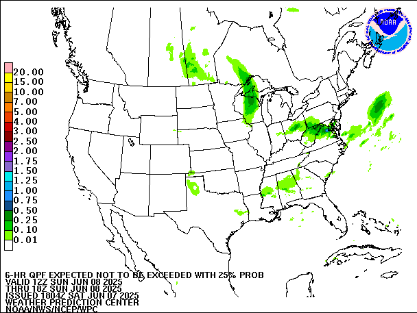 6-Hour 25th
                     Percentile QPF valid 18Z June 8, 2025
