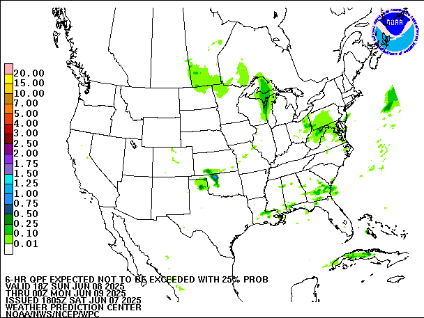 6-Hour 25th
                     Percentile QPF valid 00Z June 9, 2025