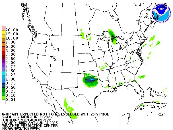 6-Hour 25th
                     Percentile QPF valid 06Z June 9, 2025