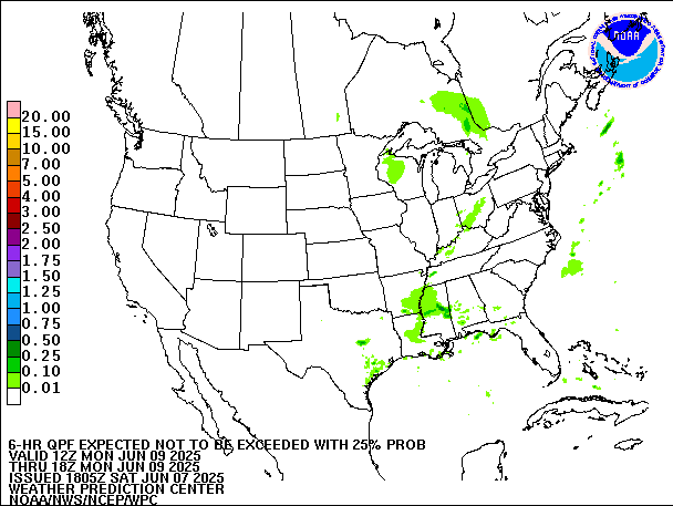 6-Hour 25th
                     Percentile QPF valid 18Z June 9, 2025