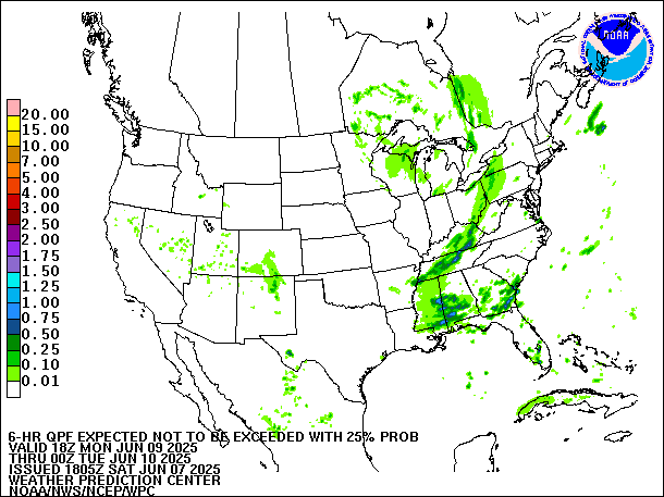 6-Hour 25th
                     Percentile QPF valid 00Z June 10, 2025
