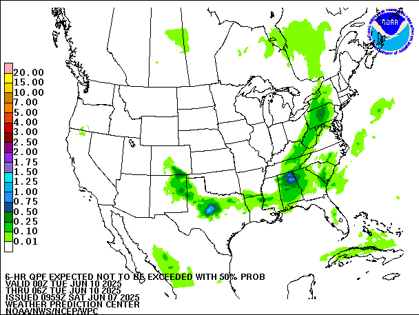 6-Hour 50th
                     Percentile QPF valid 06Z June 10, 2025