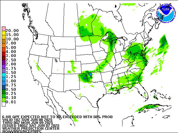 6-Hour 50th
                     Percentile QPF valid 00Z June 9, 2025