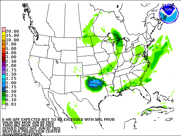 6-Hour 50th
                     Percentile QPF valid 06Z June 9, 2025