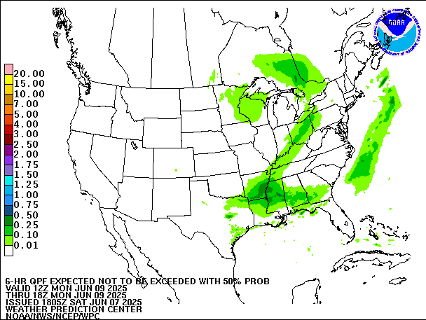 6-Hour 50th
                     Percentile QPF valid 18Z June 9, 2025
