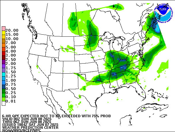 6-Hour 75th
                     Percentile QPF valid 06Z June 8, 2025