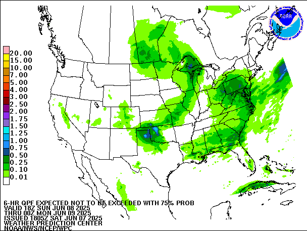 6-Hour 75th
                     Percentile QPF valid 00Z June 9, 2025