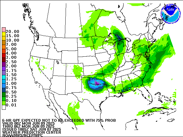 6-Hour 75th
                     Percentile QPF valid 06Z June 9, 2025