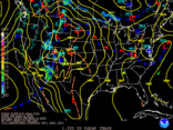 Latest United States (CONUS) surface analysis overlaid with base reflectivity - black background