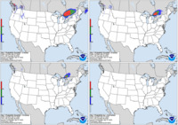 Day 1 probability of snow greater than or equal to 4, 8, and 12 inches and freezing rain greater than or equal to .25 inch